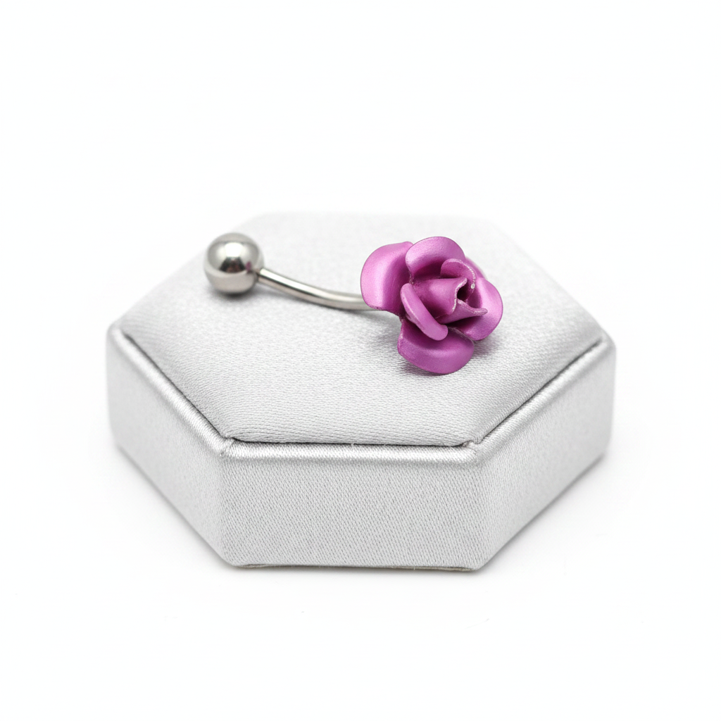 Purple Rose Belly Button Ring in 316l stainless steel on a silver jewelry display side view.
