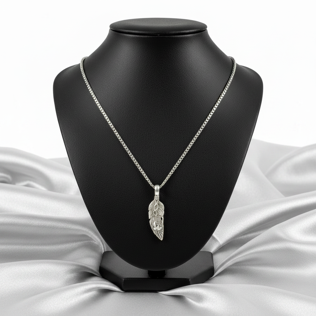 Great Spirit Feather Steel Chain Necklace in 316l stainless steel on a black bust.