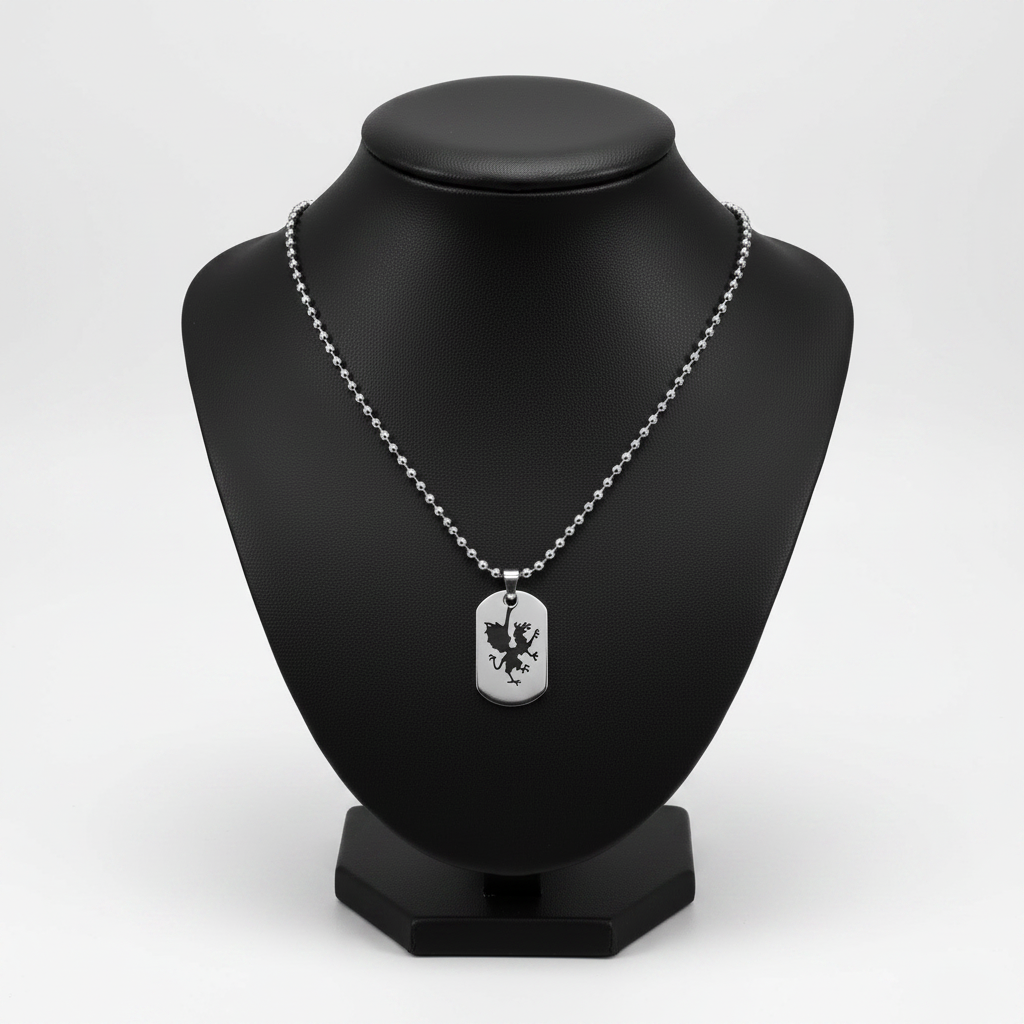 Griffin Dog Tag Steel Chain Necklace in 316l stainless steel on a black bust with a white background.