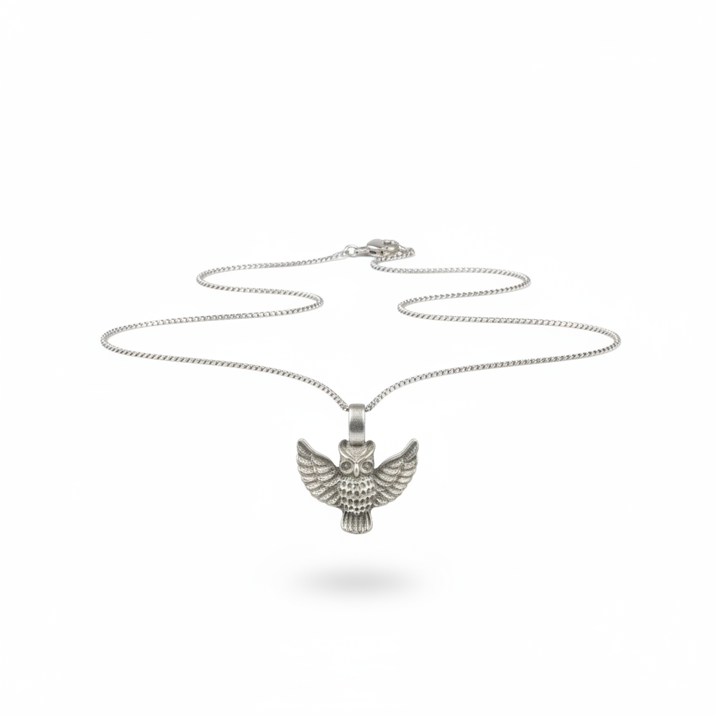 Flying Owl Steel Chain Necklace in 316l stainless steel.