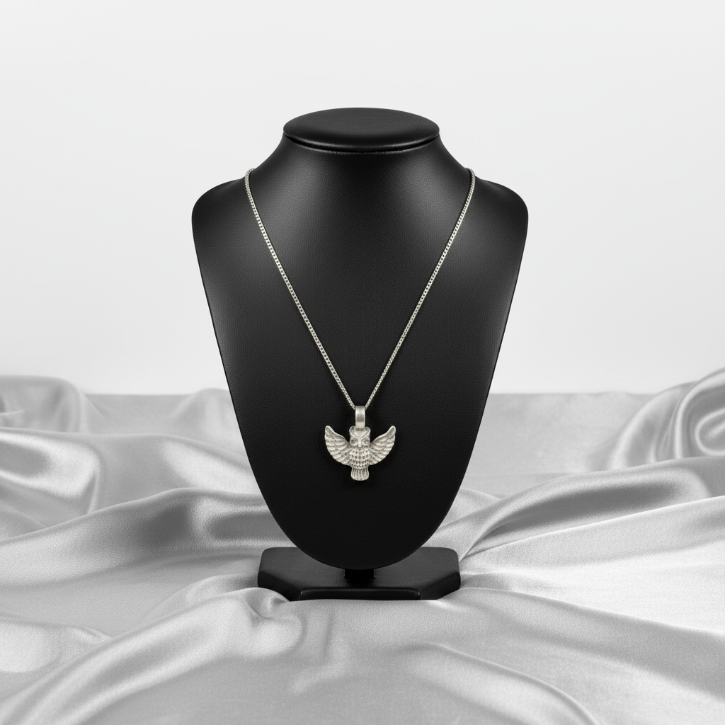 Flying Owl Steel Chain Necklace in 316l stainless steel on a black bust.