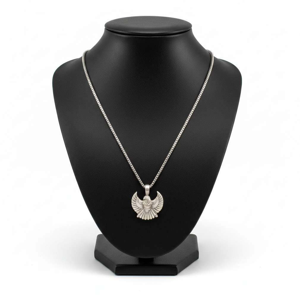 Egyptian Scarab Beetle Steel Chain Necklace in 316l stainless steel on a black bust with a white background.