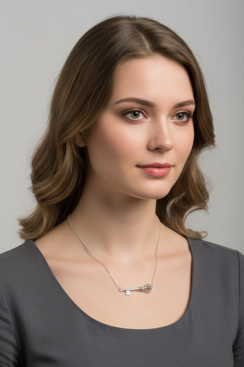 Royal Key Steel Chain Necklace in 316l stainless steel on a female model.