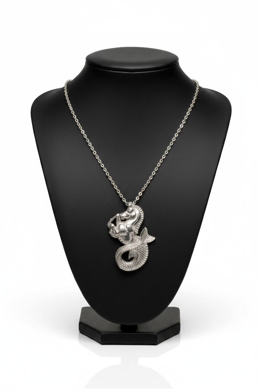 Hippocampus Steel Chain Necklace in 316l stainless steel on a black bust with a white background.