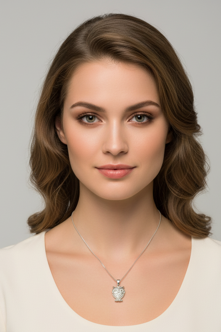 Perched Owl Steel Chain Necklace in 316l stainless steel on a female model.