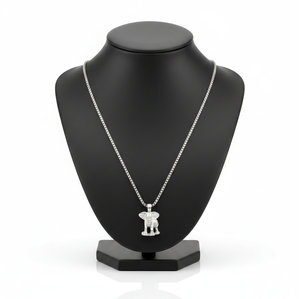Pewter Elephant Steel Chain Necklace in 316l stainless steel on a black bust with a white background.