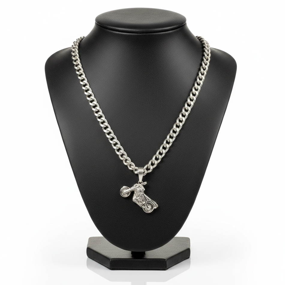 Motorcycle Steel Chain Necklace in 316l stainless steel on a black bust with a white background.