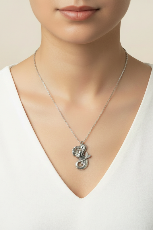 Hippocampus Steel Chain Necklace in 316l stainless steel on a female model.