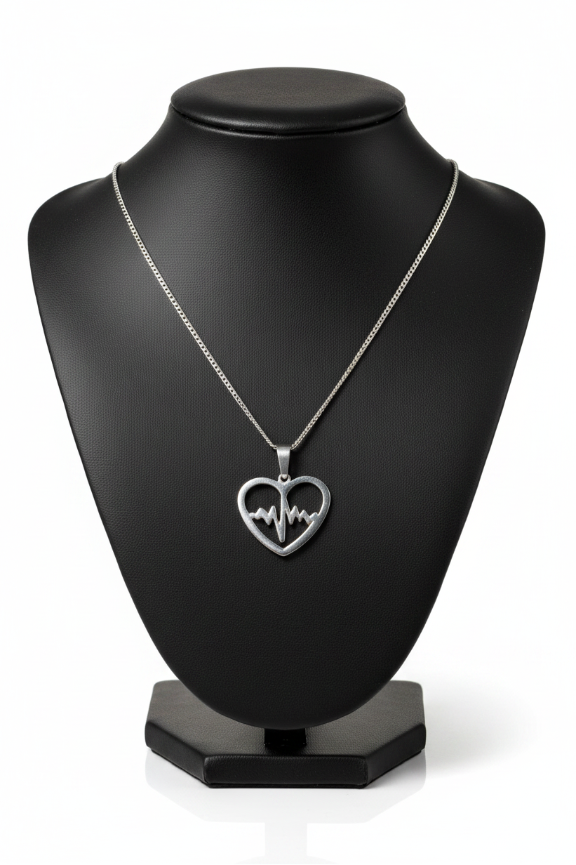 Erratic Heartbeat Steel Chain Necklace in 316l stainless steel on a black bust with a white background.