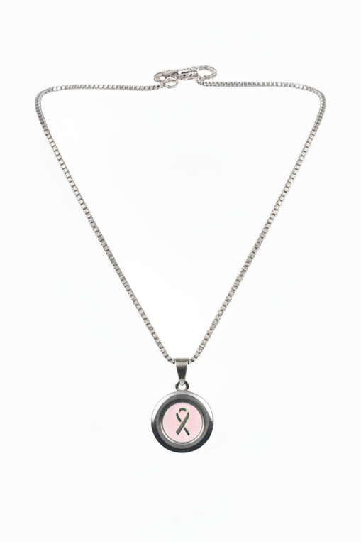 Pink Ribbon Steel Chain Necklace in 316l stainless steel.