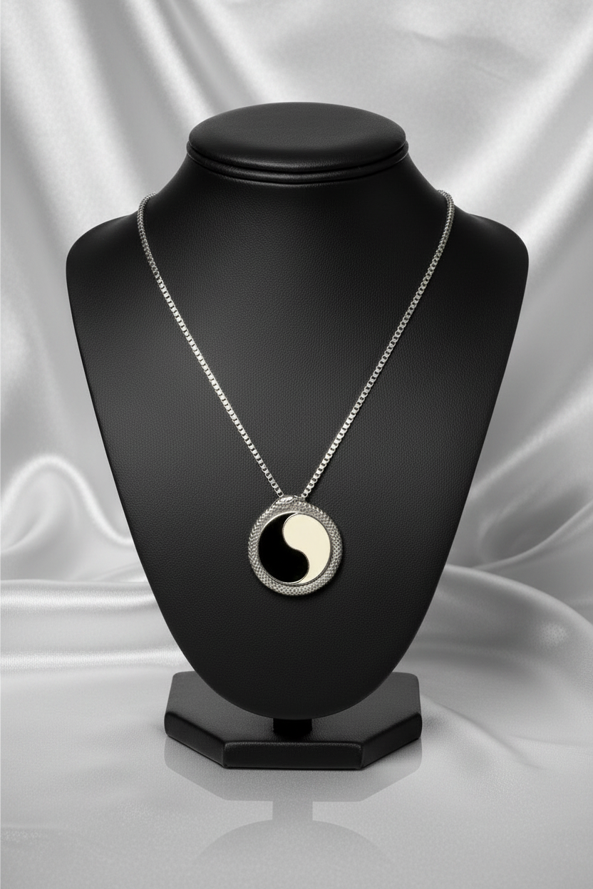 Serpentine Yin Yang Steel Chain Necklace in 316l stainless steel on a black bust.