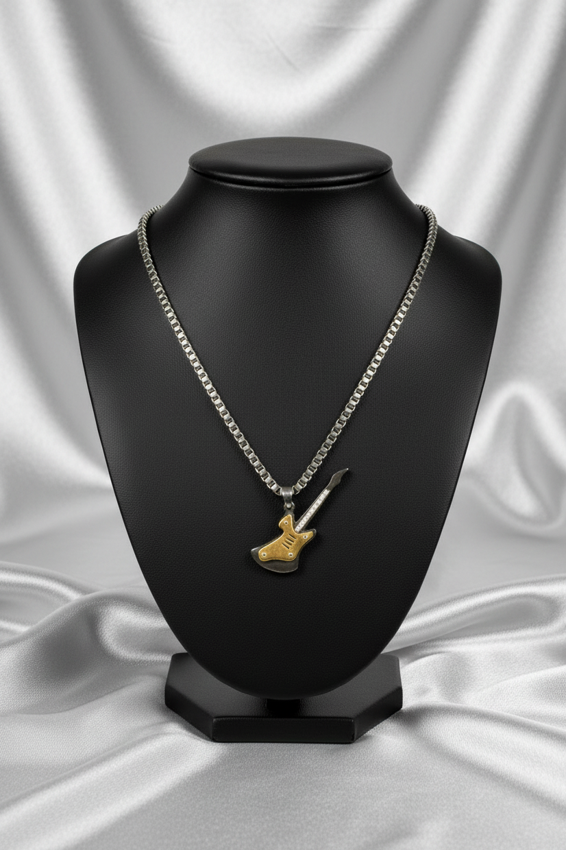 Electric Guitar Steel Chain Necklace in 316l stainless steel on a black bust.