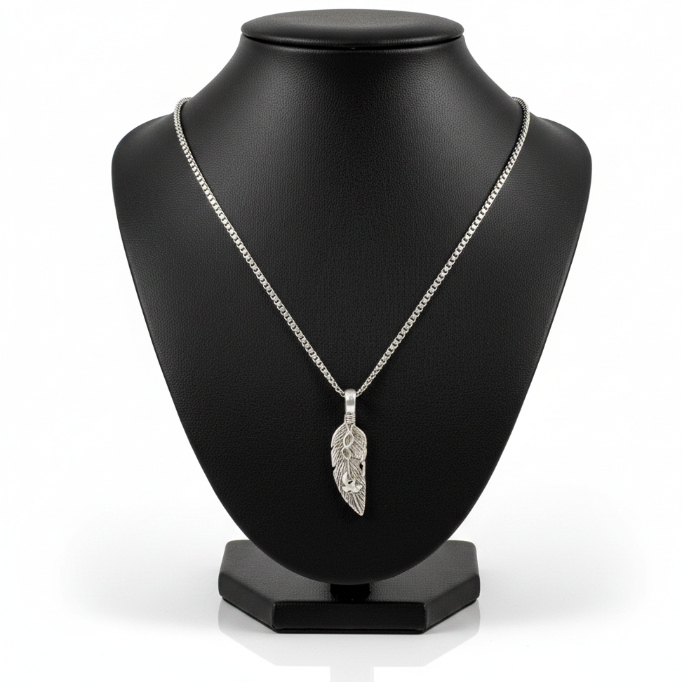 Great Spirit Feather Steel Chain Necklace in 316l stainless steel on a black bust with a white background.