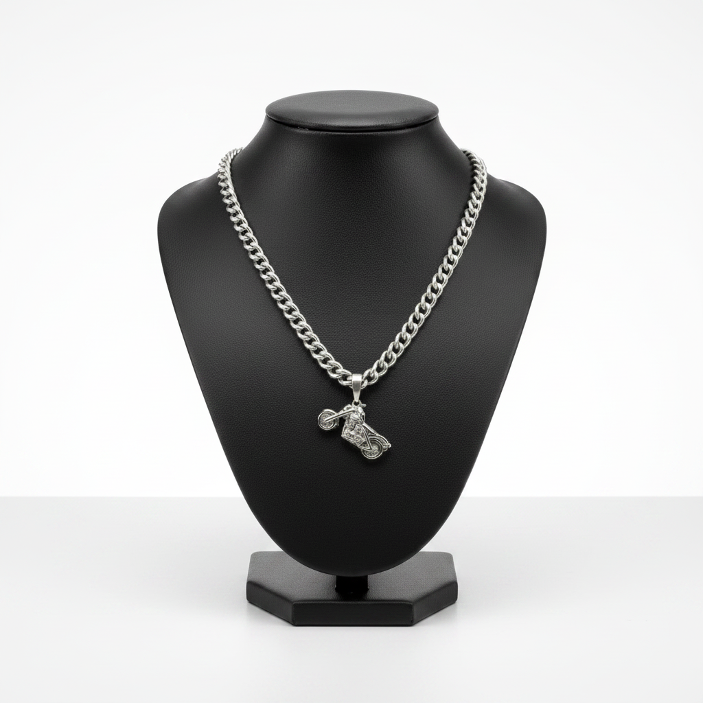 Motorbike Steel Chain Necklace in 316l stainless steel on a black bust with a white background.