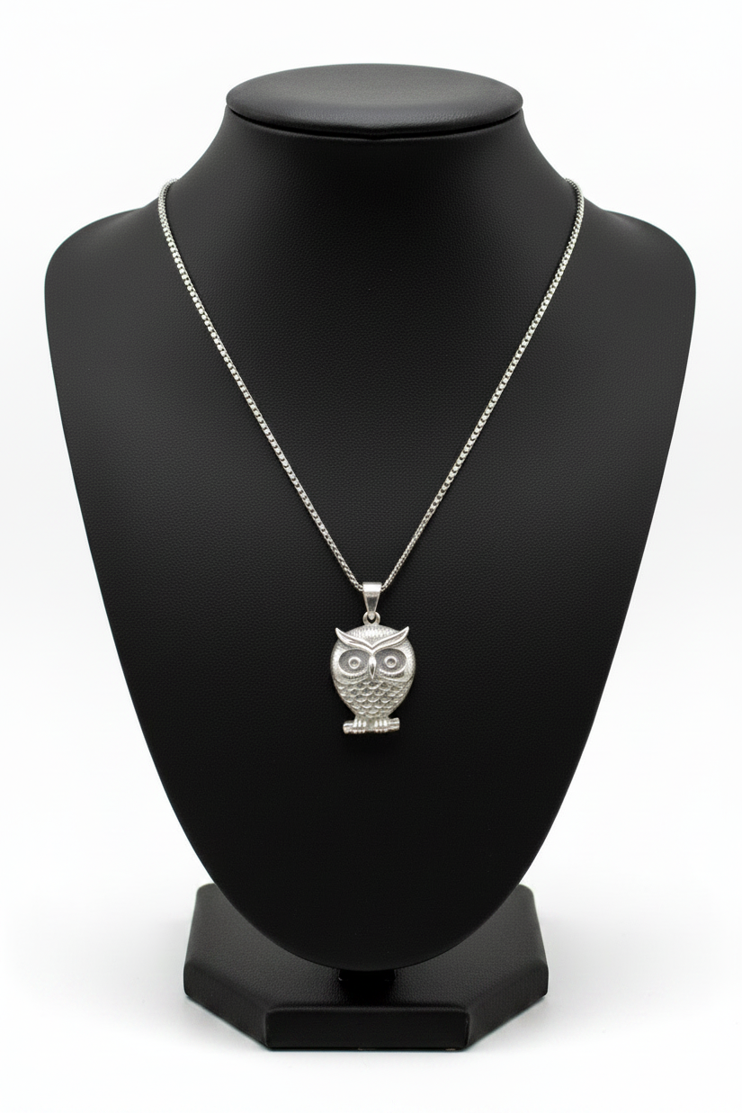 Perched Owl Steel Chain Necklace in 316l stainless steel on a black bust with a white background.
