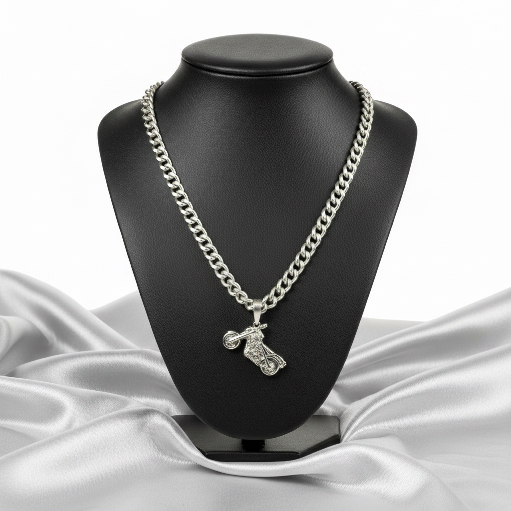 Motorcycle Steel Chain Necklace in 316l stainless steel on a black bust.