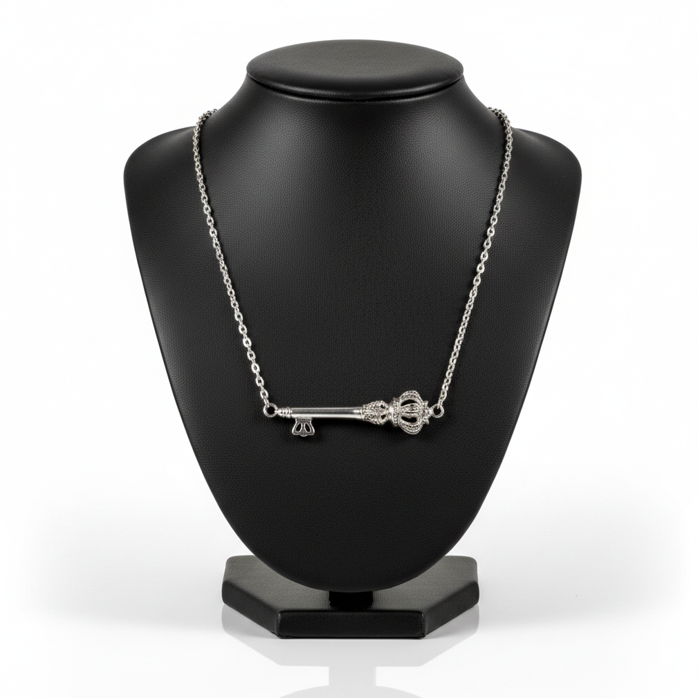 Royal Key Steel Chain Necklace in 316l stainless steel on a black bust with a white background.