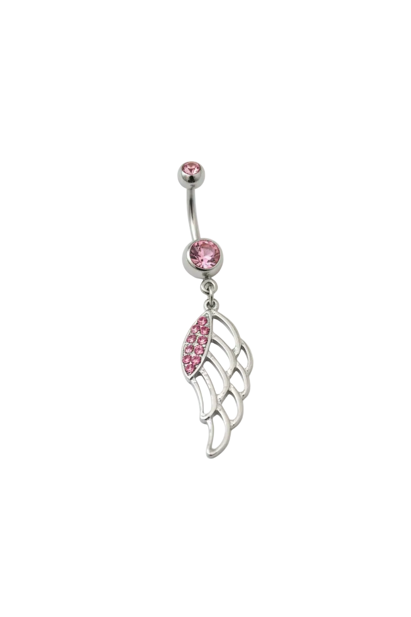 Pink Crystal Wing Belly Button Ring in 316l stainless steel close up detail.