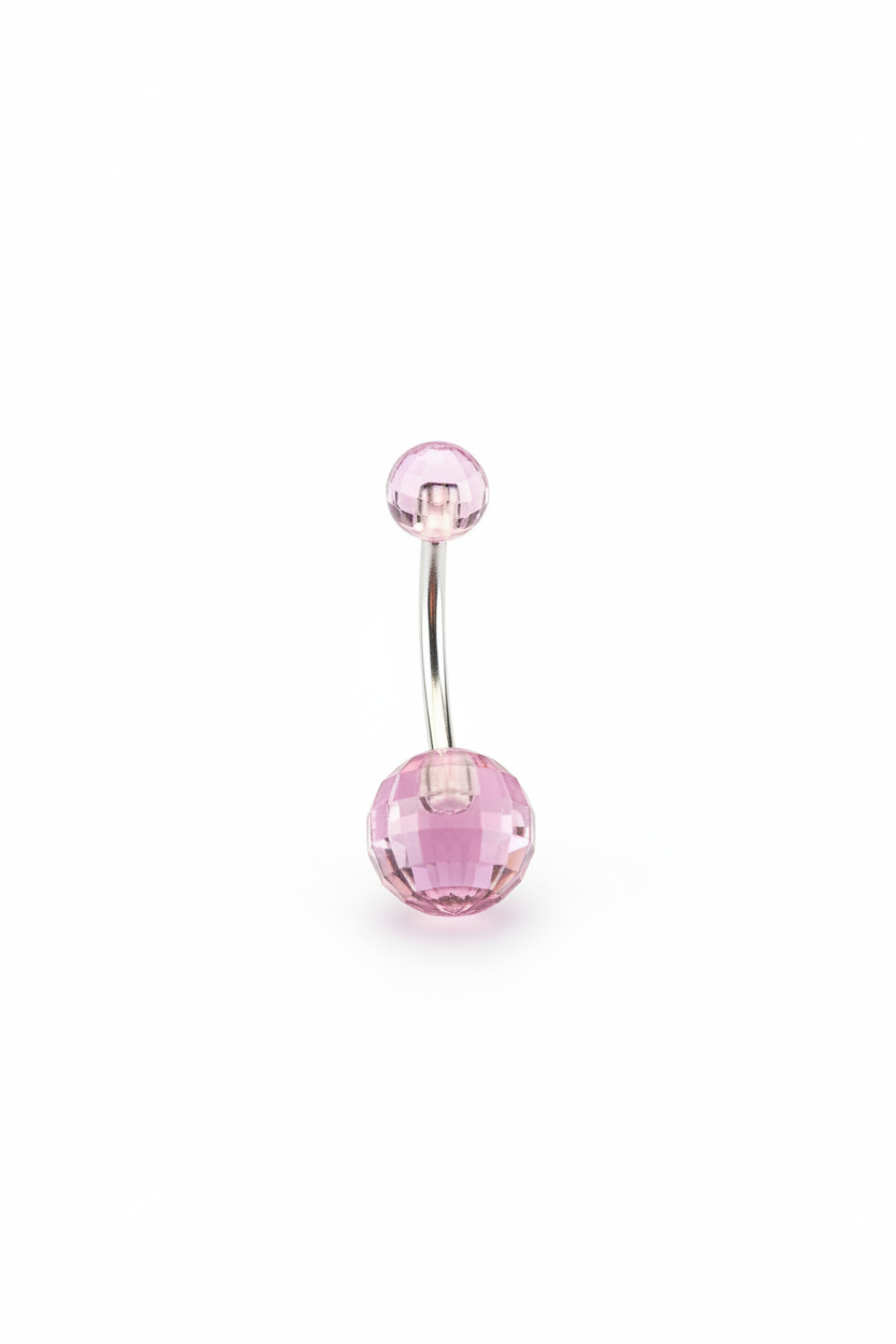 Purple Acrylic Disco Ball Belly Button Ring in 316l stainless steel on a white background.