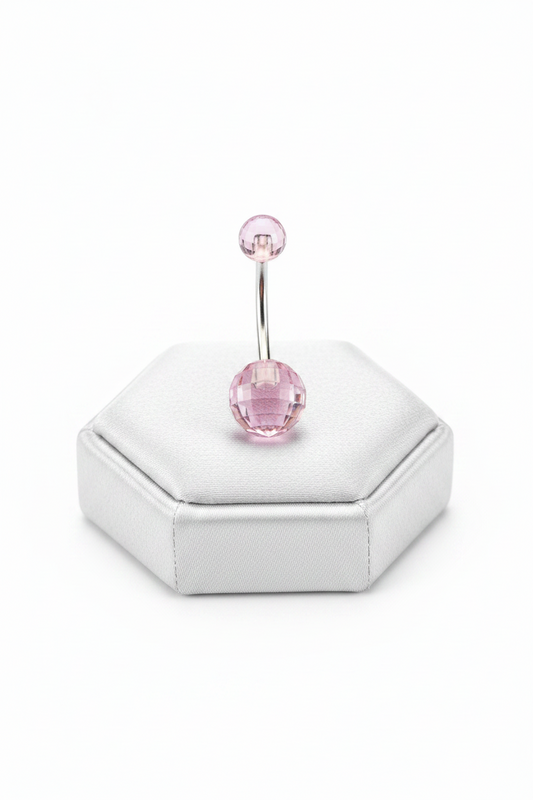 Purple Acrylic Disco Ball Belly Button Ring in 316l stainless steel a silver jewelry display.