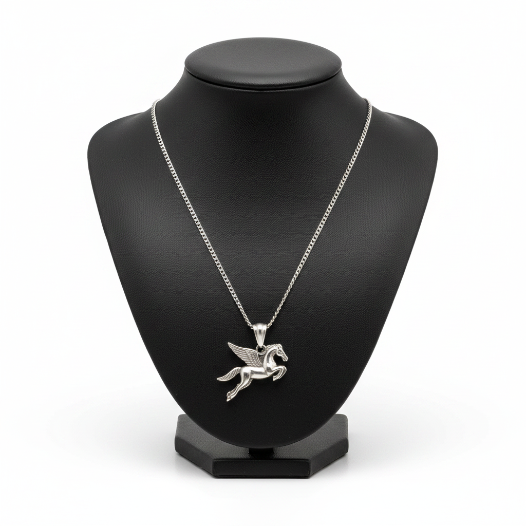 Pegasus Steel Chain Pendant in 316l stainless steel on a black bust with a white background.
