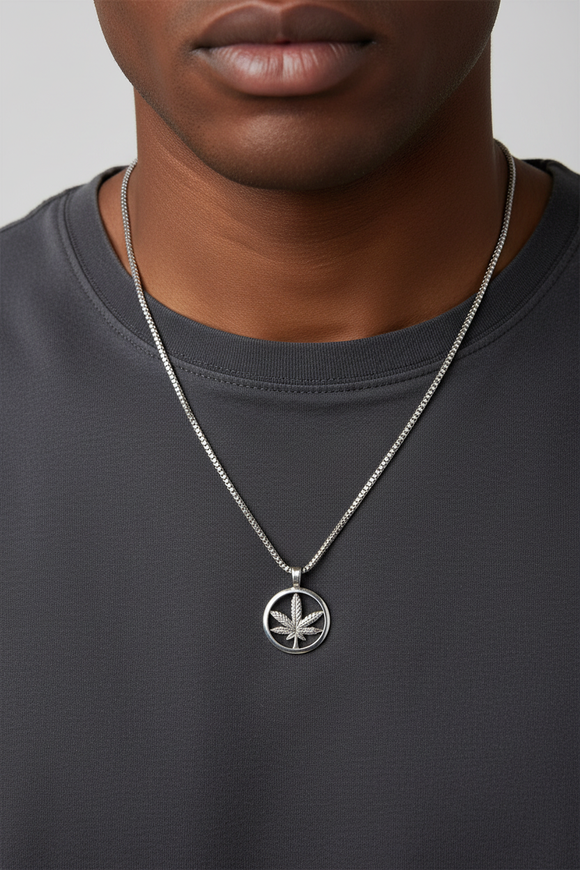 Green Leaf Steel Chain Necklace in 316l stainless steel on a male model.