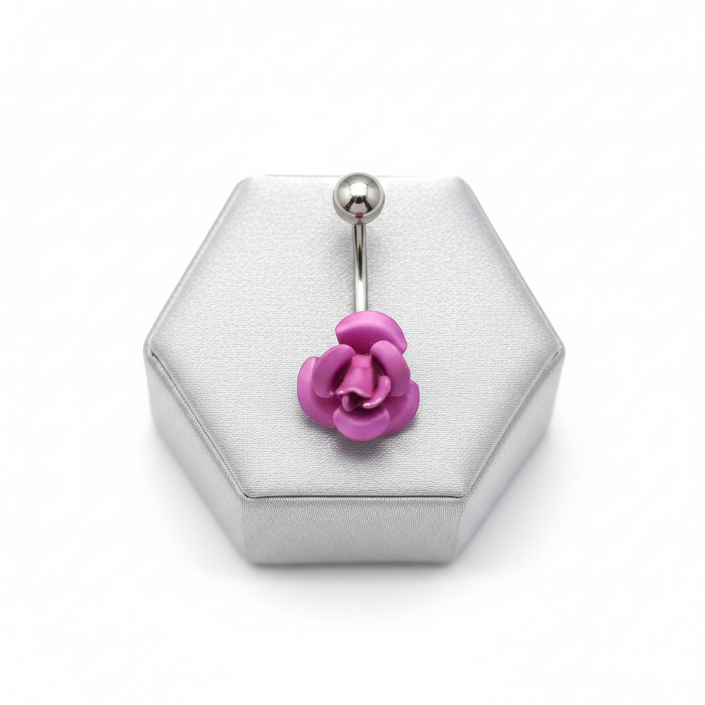 Purple Rose Belly Button Ring in 316l stainless steel on a silver jewelry display.