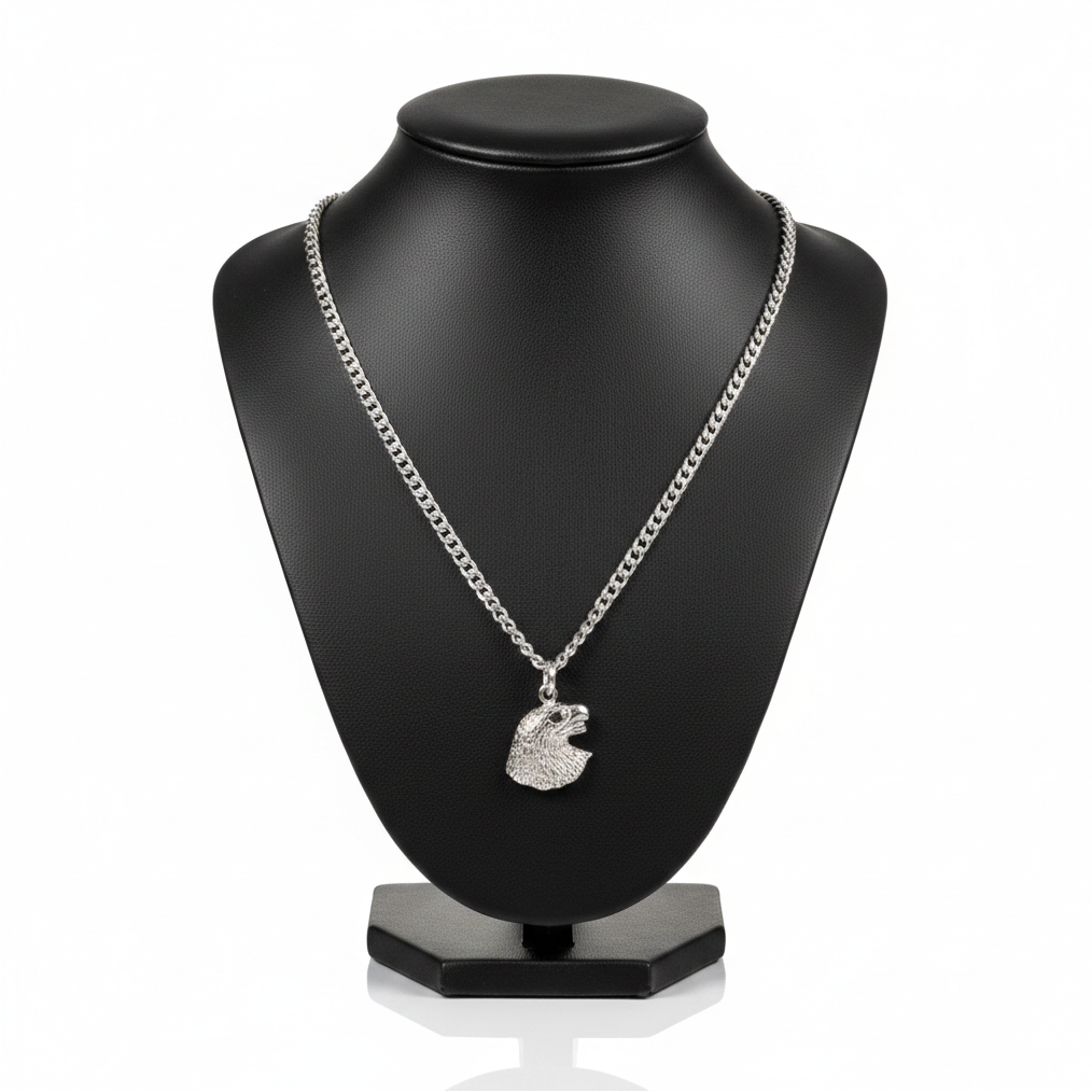 Eagle Head Steel Chain Necklace in 316l stainless steel on a black bust with a white background.