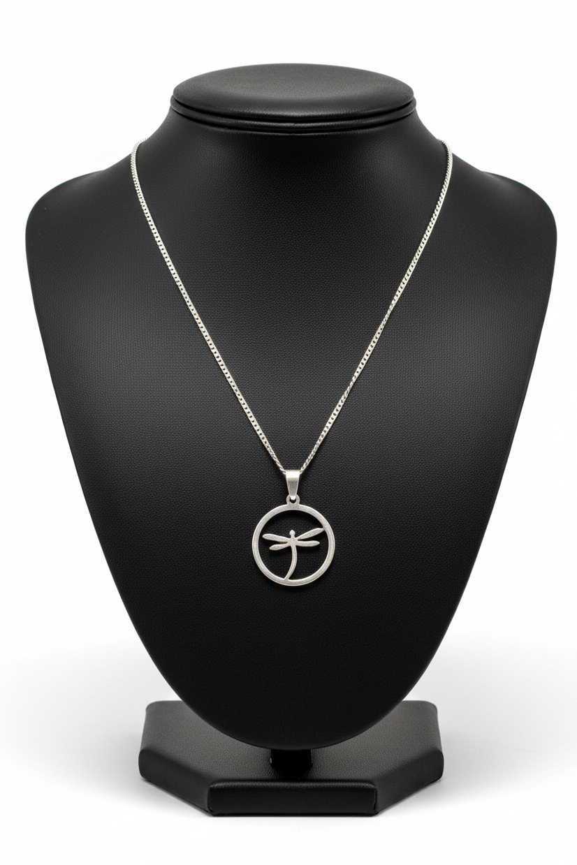 Dragonfly Steel Chain Necklace in 316l stainless steel on a black bust with a white background.