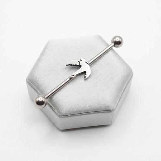 Dove Industrial Ear Barbell in 316l stainless steel on a silver silk jewelry display.