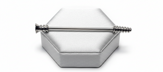 Screw Design Industrial Ear Barbell in 316l stainless steel on a silver silk jewelry display.