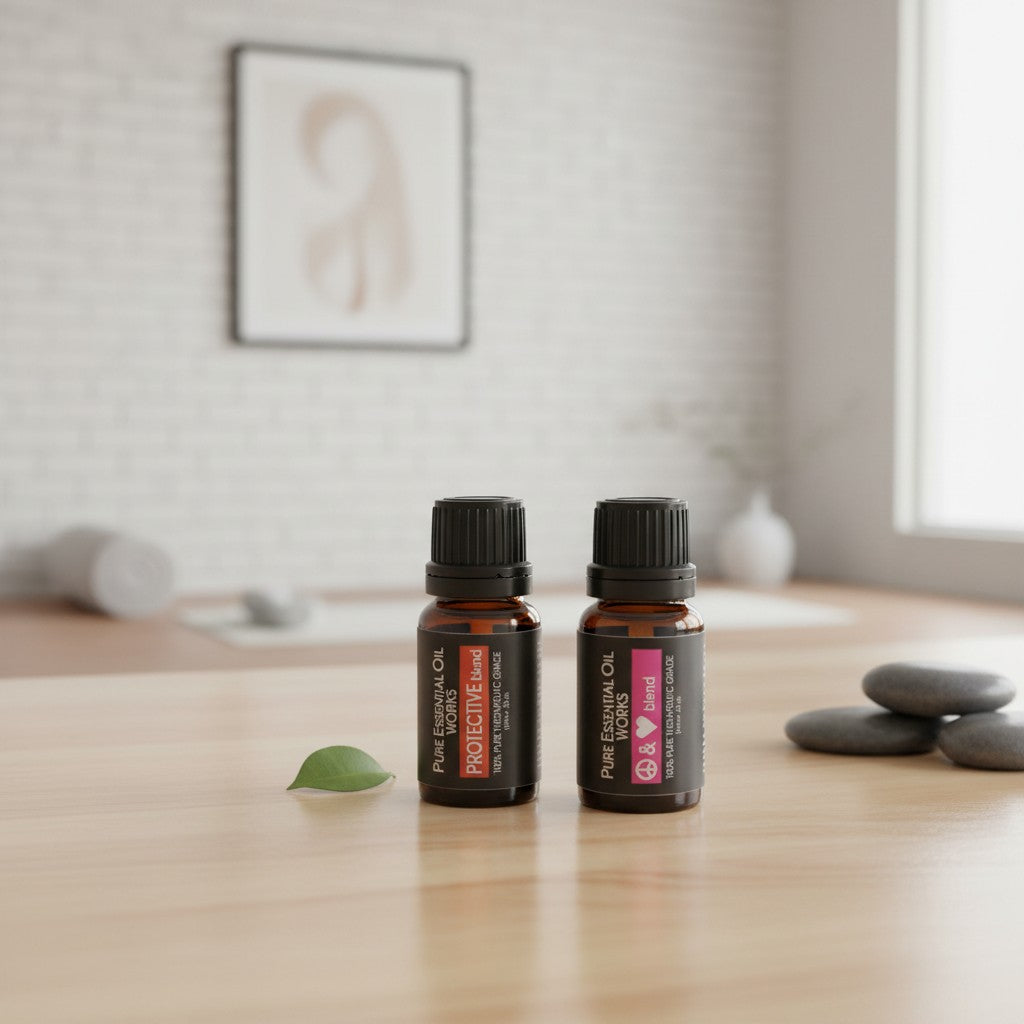 Love & Protection Essential Oil Blends 2 Pack Special on a wooden surface in a yoga studio.