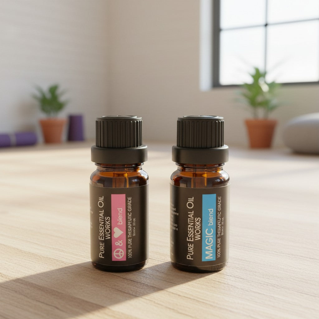 Magical Peace & Love Essential Oil Blends 2 Pack Special on a wooden surface in a yoga studio.