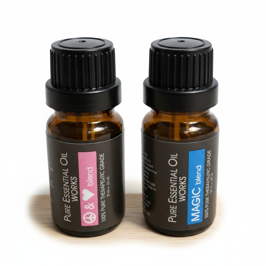Magical Peace & Love Essential Oil Blends 2 Pack Special on a white background close up detail.