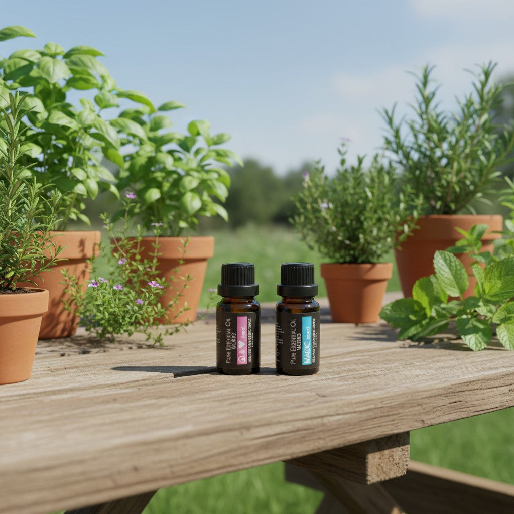 Magical Peace & Love Essential Oil Blends 2 Pack Special on a wooden table in an outdoor herb garden.