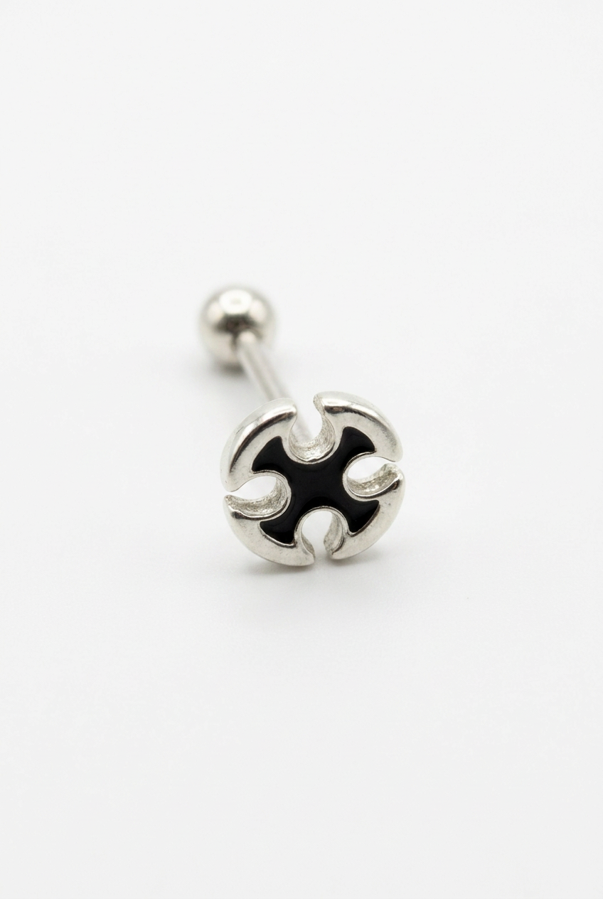 Maltese Cross Tongue Piercing in 316l stainless steel on a white background.