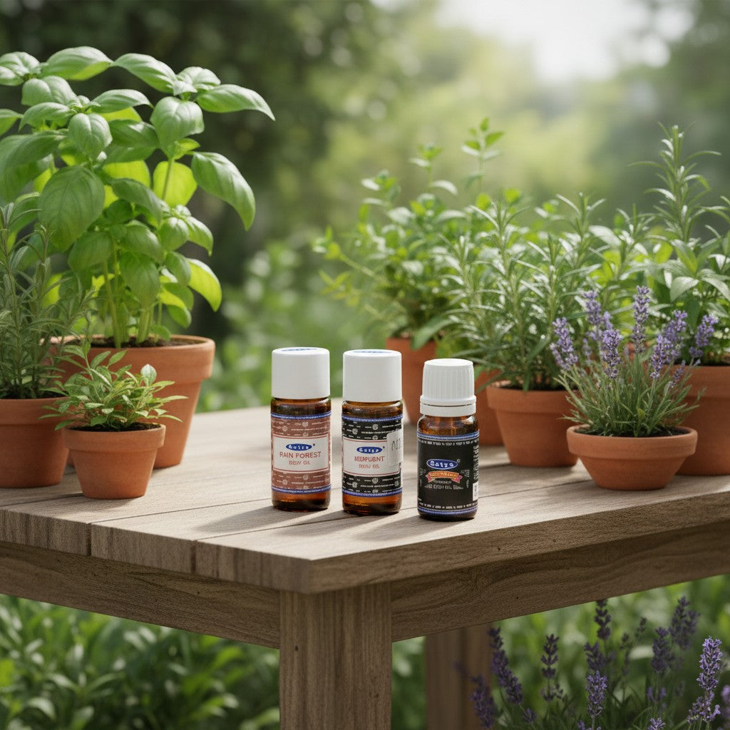 Midnight Vibes Essential Oil Blends 3 Pack Special on a wooden table in an outdoor herb garden.