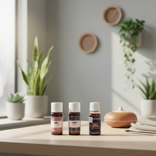 Midnight Vibes Essential Oil Blends 3 Pack Special on a wooden counter in a yoga studio.