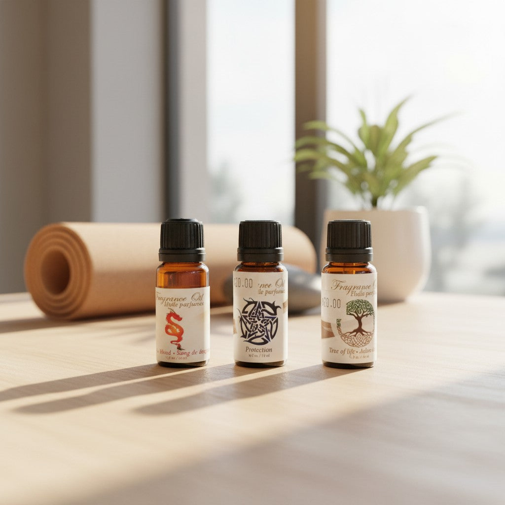 Mystic Magic Essential Oil Blends 3 Pack Special on a wooden surface in a yoga studio.