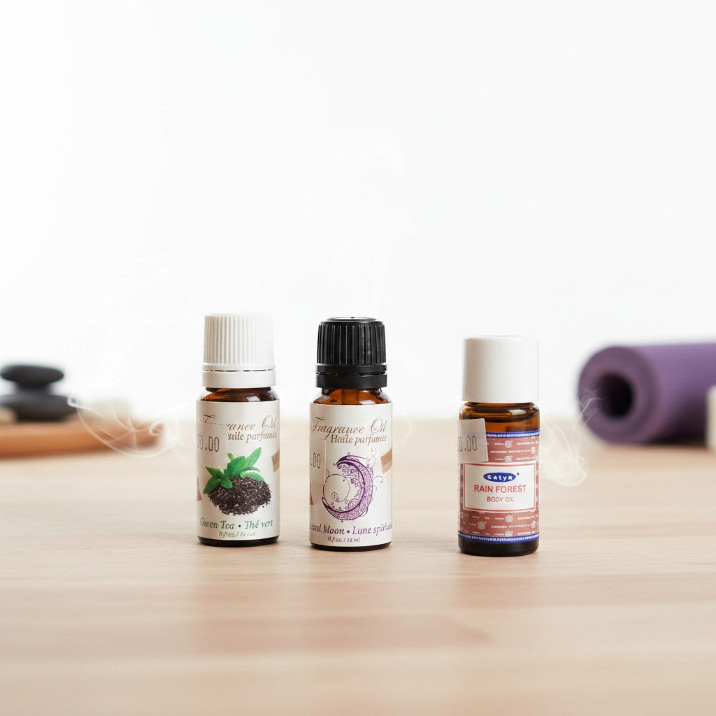 Mystic Moon Essential Oil Blends 3 Pack Special on a wooden surface in a yoga studio.
