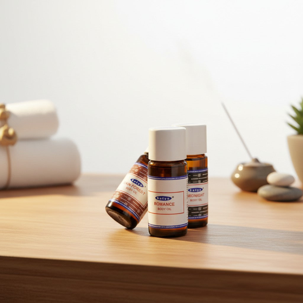 Mystic Romance Essential Oil Blends 3 Pack Special on a wooden table in a yoga studio.