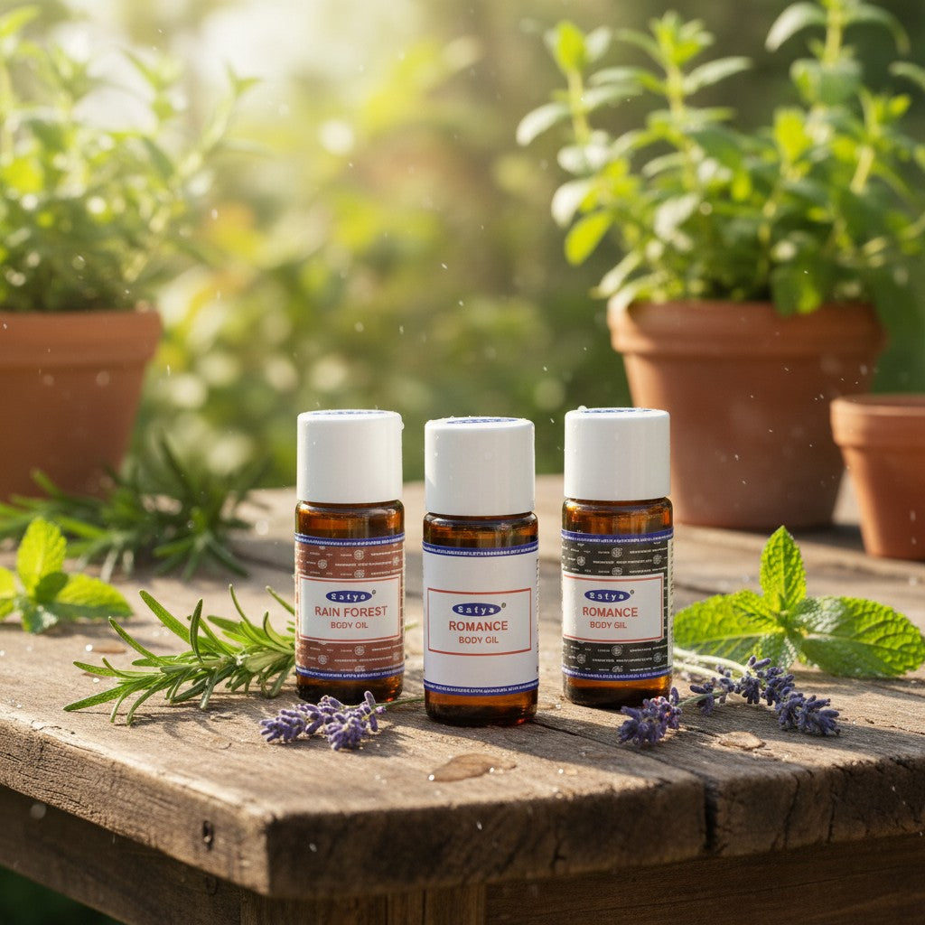 Mystic Romance Essential Oil Blends 3 Pack Special on a wooden table in an outdoor herb garden.