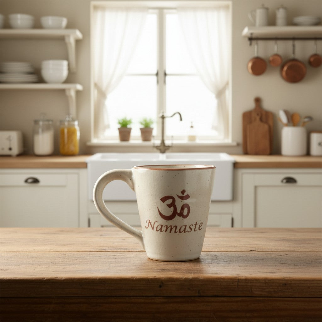 Ohm Symbol - Namaste Beige Ceramic Spiritual Coffee Mug on a wooden table in a country cottage kitchen.