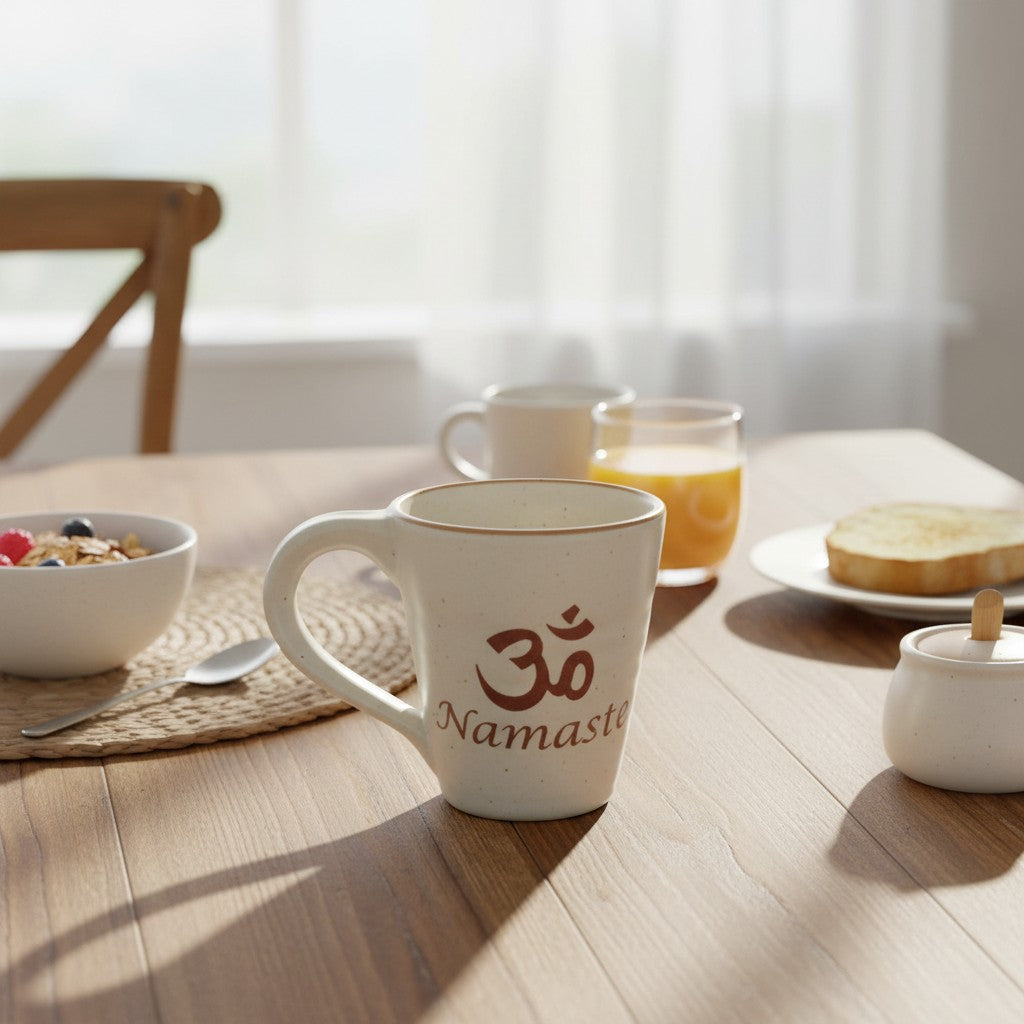 Ohm Symbol - Namaste Beige Ceramic Spiritual Coffee Mug on a kitchen table in a breakfast morning setting.