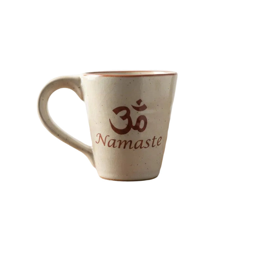 Ohm Symbol - Namaste Beige Ceramic Spiritual Coffee Mug on a white background showing close up design detail.