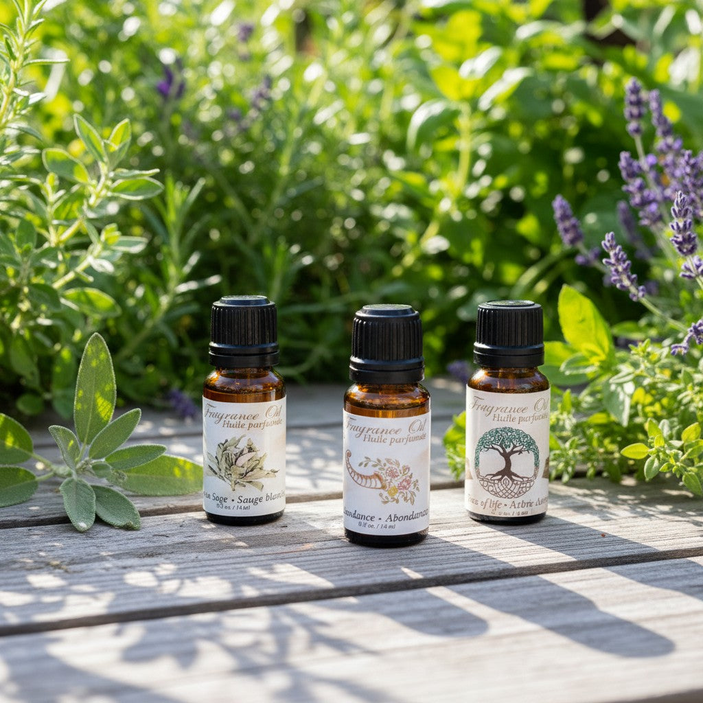 Natural Abundance Essential Oil Blends 3 Pack Special on a wooden table in an outdoor herb garden.