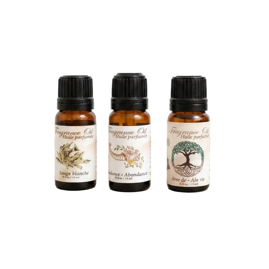 Natural Abundance Essential Oil Blends 3 Pack Special on a white background close up detail. 