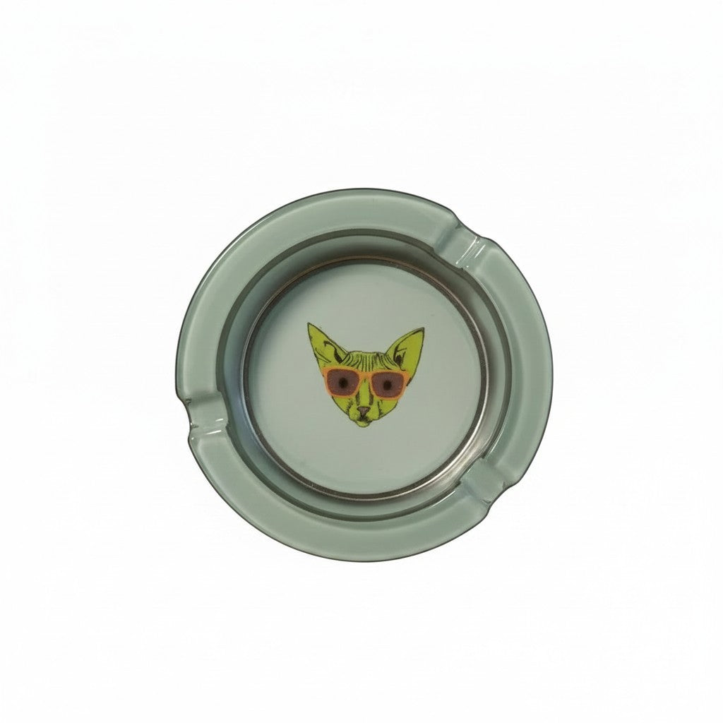 Neon Green Cool Cat with Sunglasses 3 Inch Glass Ashtray on a white background showing close up design detail.