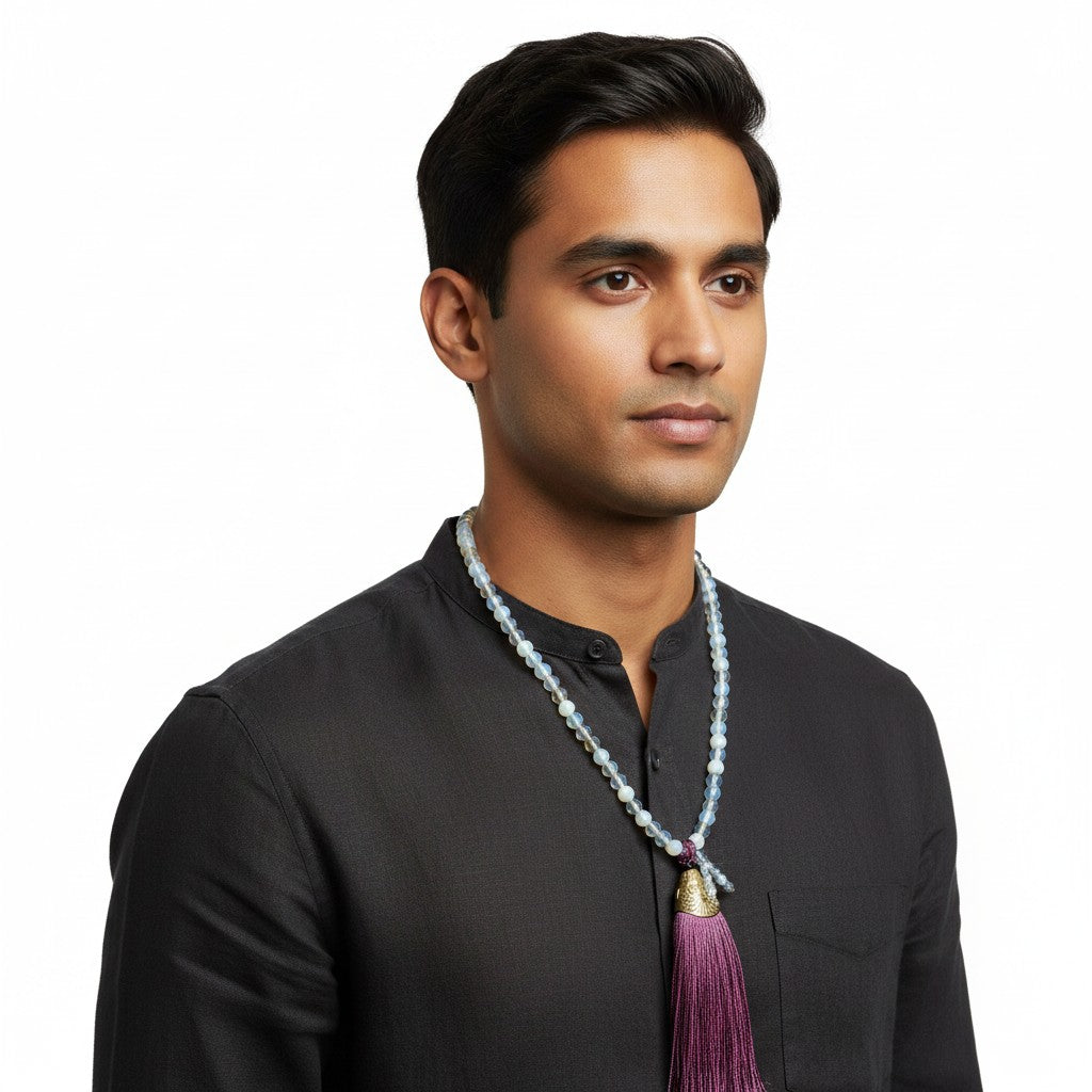 Opalite Bead Mala with Purple Silk Tassel around the neck of an East Indian male model worn as a necklace.