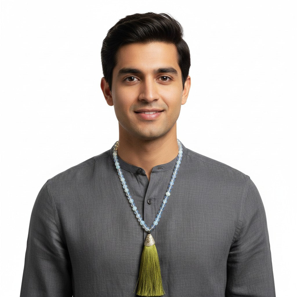 Opalite Bead Mala with Green Silk Tassel around the neck of an East Indian male model worn as a necklace.